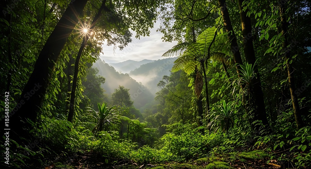 Obraz premium Lush tropical rainforest scene with sunlight and dense vegetation