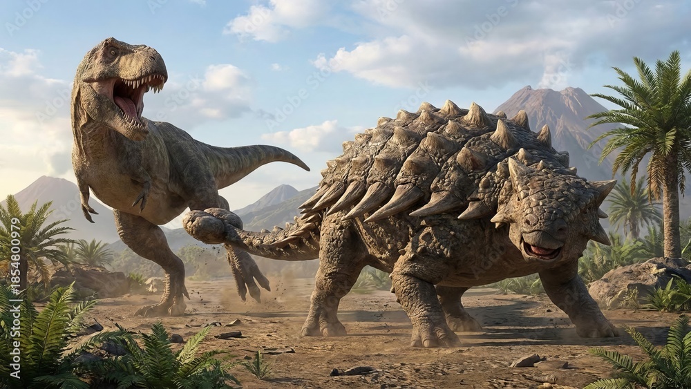 Obraz premium Tyrannosaurus rex lunging to attack an ankylosaurus defending itself with strong armor plates and tail club, set in a prehistoric landscape with a smoking volcano and palm trees under a cloudy sky
