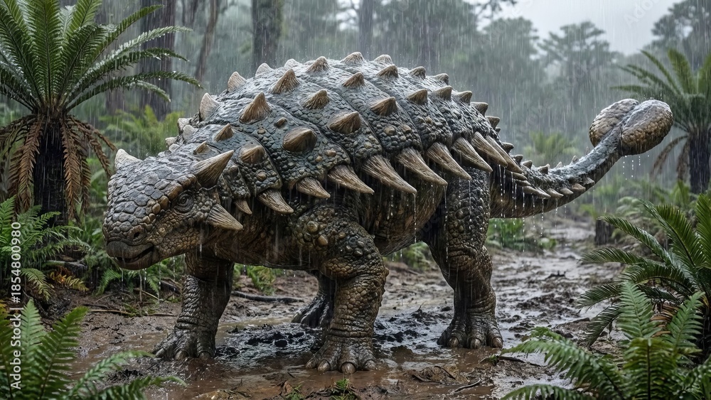 Obraz premium Armored ankylosaurus, a large herbivore dinosaur, walking through a muddy prehistoric jungle while rain falls, showcasing its spiked body and club tail in a wild natural environment