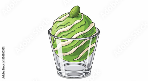 Scoop of Green Matcha Tea Ice Cream in a Glass Cup with Sweet Bean Topping Illustration
