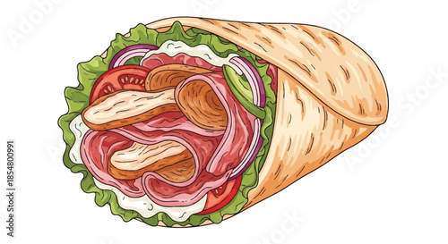 Fresh Beef Kebab Wrap with Mixed Vegetables Lettuce and Sauce Illustration