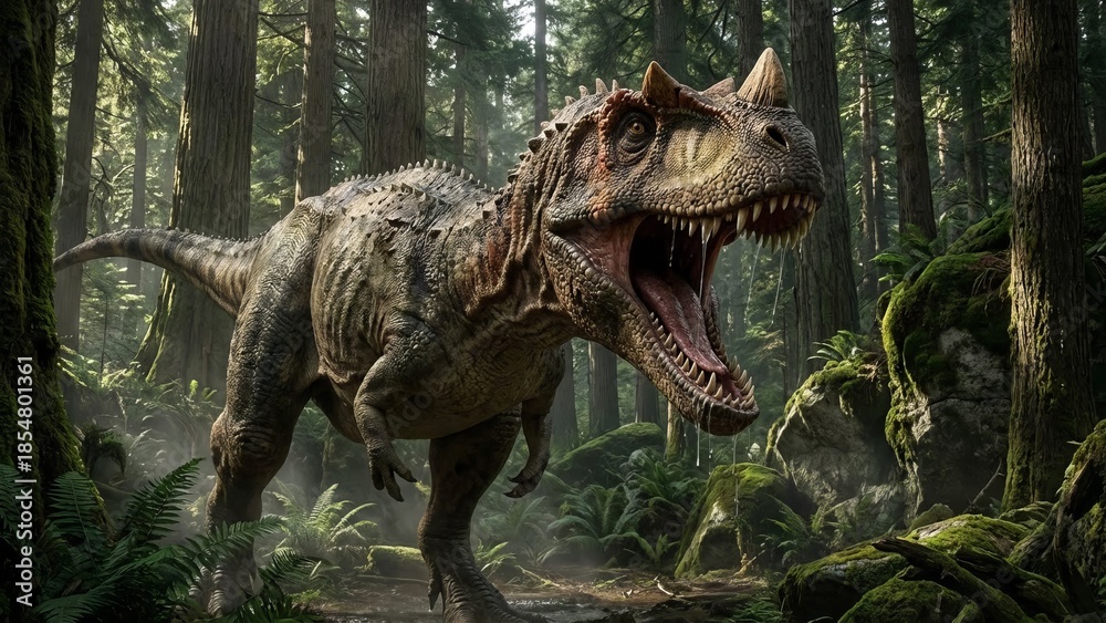 Obraz premium Carnotaurus, a large theropod dinosaur, opening its mouth wide while standing among tall trees, ferns, and moss-covered rocks in a lush, dense prehistoric jungle environment