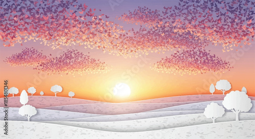 Beautiful sunset landscape with soft pink clouds over white horizon at dawn