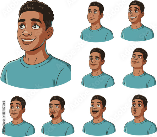 Cartoon character expression set, male face emotions, vector illustration portraits, diverse facial expressions, animation reference sheet, white background design