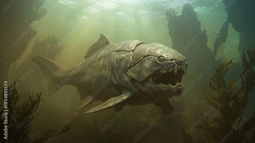 Obraz premium Dunkleosteus, a formidable armored placoderm, swims in a murky underwater environment, sunlight piercing through the surface, surrounded by ancient seabed features and kelp forest