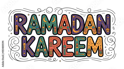 Ramadan Kareem Illustration: Celebrate the spirit of Ramadan with this colorful and festive illustration, perfect for greeting cards, social media, and other creative projects. 