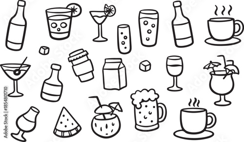 Hand-drawn doodle drink set with cocktails, coffee, juice, beer, and beverage containers black and white vector art and illustration line art blank background 