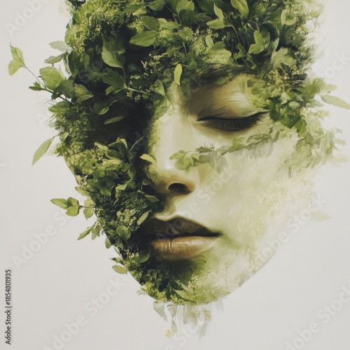 Nature-inspired art abstract portrait digital artwork lush environment close-up view harmony of human and nature