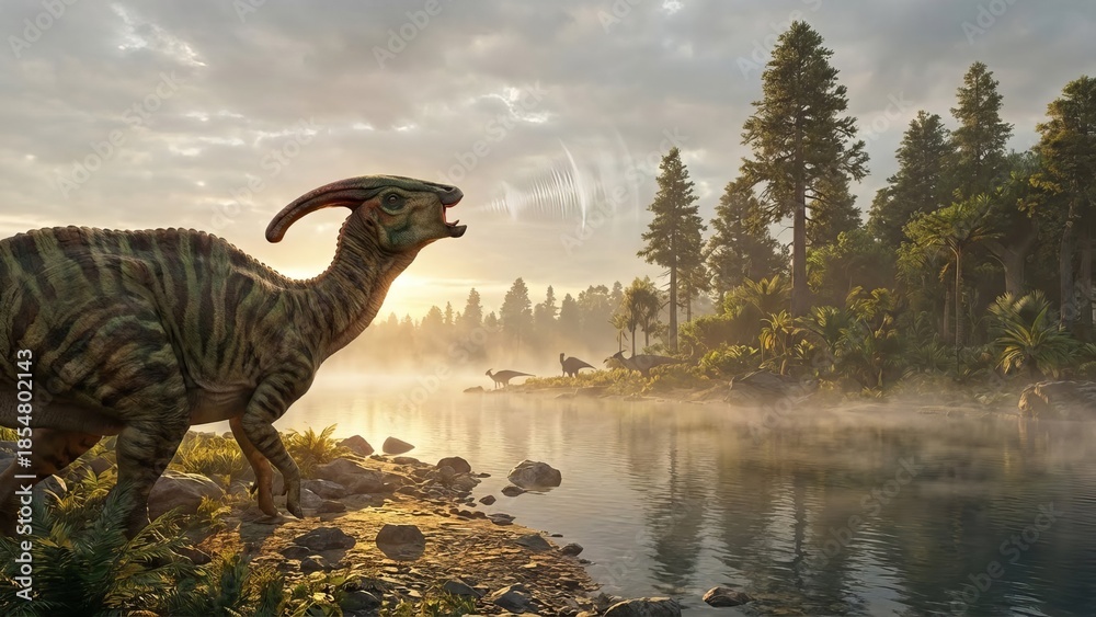 Obraz premium Parasaurolophus standing on a rocky riverbank, calling out with visible sound waves, while a herd of dinosaurs drinks from the misty river at sunrise in a prehistoric forest landscape
