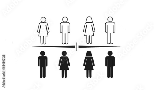 Diverse Group of People Icons Representing Gender and Diversity Standing Divided by a Line Across a White Background