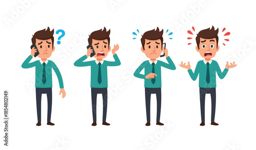 Frustrated businessman with question mark on phone call expressing confusion and stress, set against white background