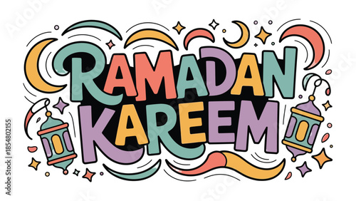 Ramadan Kareem: A vibrant illustration features calligraphy Ramadan Kareem  with crescent moon, star and lantern  decorations, expressing festive and joyful spiritual feeling. 