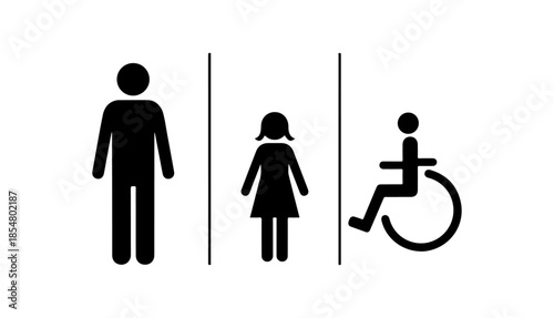 Restroom signs set, male, female, and disabled person symbols, universal public toilet icons