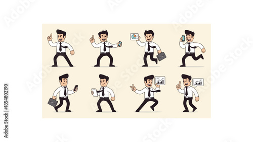 Set of eight diverse cartoon businessman illustrations in various dynamic poses holding gadgets and documents, showcasing business actions and concepts