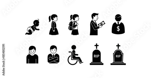 Various stages of human life, growth from baby to adult, including wealth, sadness, disability, and death