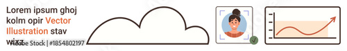 Business analytics, data storage, cloud technology, identity verification, digital security, personal information workflows. A cloud, facial recognition icon and data growth chart. Cloud technology