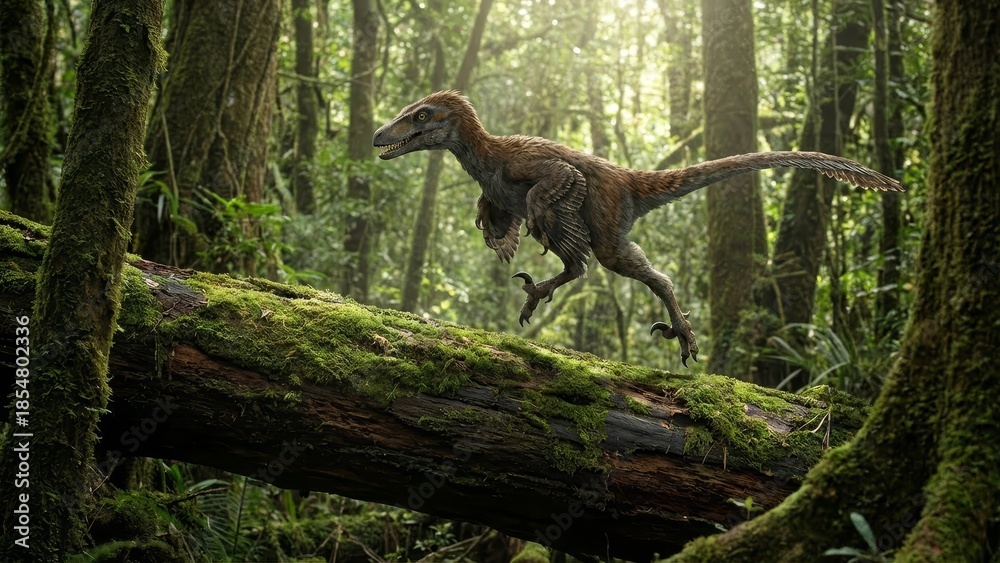 Obraz premium Feathered raptor dinosaur is running across a moss-covered fallen log in a dense, sunlit prehistoric jungle, depicting ancient wildlife and extinction concept