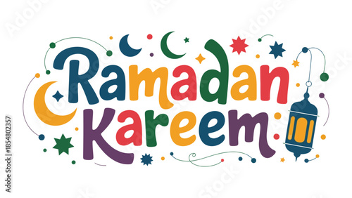 Ramadan Kareem: A vibrant and colorful illustration conveys the spirit of Ramadan, decorated with crescent moons, stars, and a lantern, expressing a season of spiritual reflection and community.