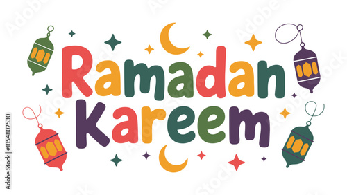 Ramadan Kareem: A vibrant and colorful illustration of the Islamic holy month, Ramadan Kareem, features intricate lanterns, crescent moon and star motifs.