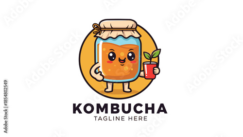 Cute Kombucha Jar Mascot Logo with Smiling Character and Tea Cup