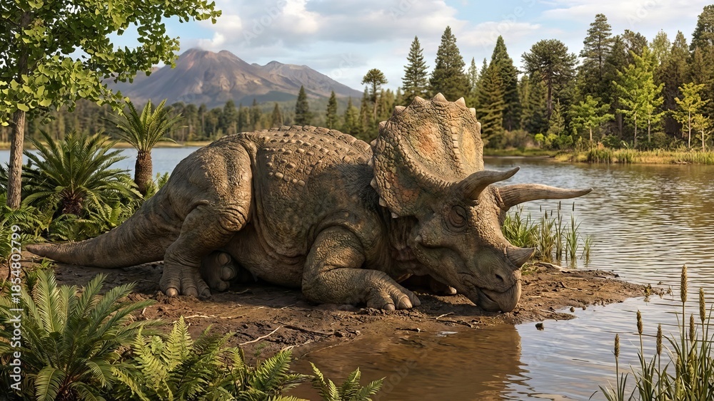 Obraz premium Triceratops dinosaur enjoying a refreshing drink from a lake, surrounded by lush primeval vegetation and distant mountains under a cloudy sky, depicting ancient wildlife with cgi