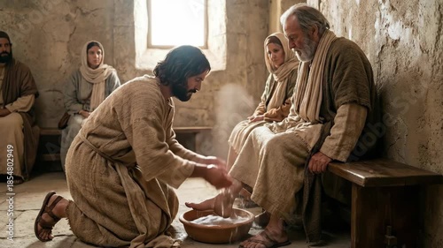 Humble Jesus Christ washing feet of seated apostle disciple in ancient stone room representing spiritual service and humility during maundy thursday last supper biblical scene for easter