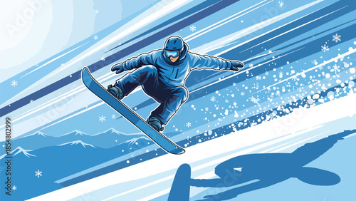 Snowboarder jumping downhill in winter illustration capturing extreme sports action speed snow motion and adventure atmosphere for seasonal sports branding projects