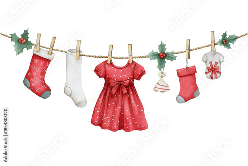 Watercolor Christmas Baby Clothes Garland with Red Dress and Stockings (PNG TR 10800×7200)