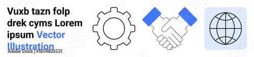 Business collaboration, global partnerships, teamwork, innovation, connectivity, networking. Black gear, handshake and globe icons with blue highlights. Business collaboration and global