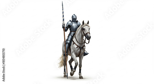 Chevalier m�di�val en armure brillante sur destrier blanc fier pose majestueuse lumi�re studio claire. AI Generated