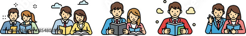 Students reading books illustration set in friendly flat style symbolizing education learning study teamwork school activities and academic concept visuals