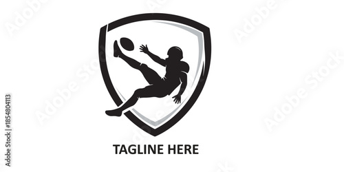 Rugby player silhouette kicking ball inside shield emblem logo for sports team branding and athletic competition