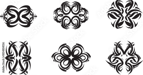 A collection of six distinct black and white tribal tattoo designs, featuring intricate patterns and symmetry