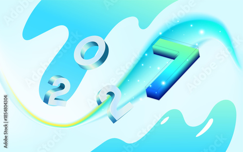 3D Happy New Year 2027. Futuristic Happy New Year 2027 banner with 3D isometric numbers floating on a dynamic fluid liquid background. Modern cyan and lime green aesthetic for tech and innovation cele
