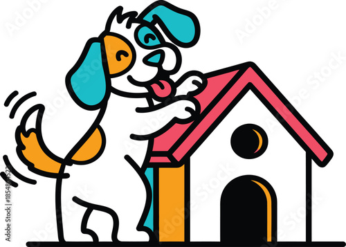 Cartoon dog with wagging tail happily standing next to a colorful dog house with red roof puppy canine