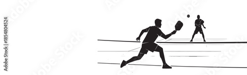 ilhouette of pickleball players in action on a court with paddle and ball for sports illustration and web design