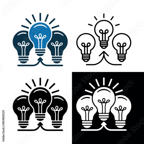 Conceptual icon set representing a bright idea emerging from collaborative effort and innovation