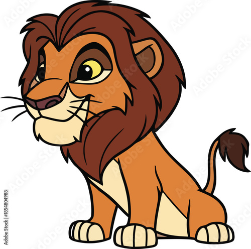 Seated cartoon lion with a prominent brown mane and a sly expression on its face animal wildlife cute