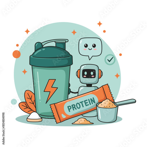 Cute robot assistant with protein powder and fitness supplements illustration