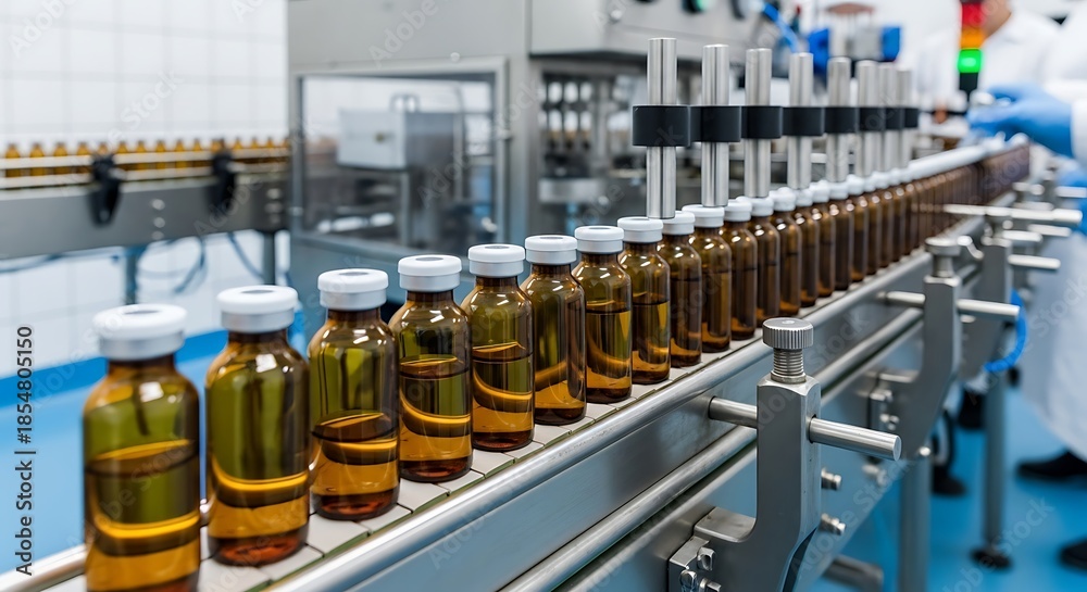 Fototapeta premium Automated Pharmaceutical Production Line with Vials of Medicine Moving on Conveyor Belt