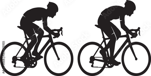 Two black silhouette cyclists in racing gear on bicycles with white background Keywords: cycling