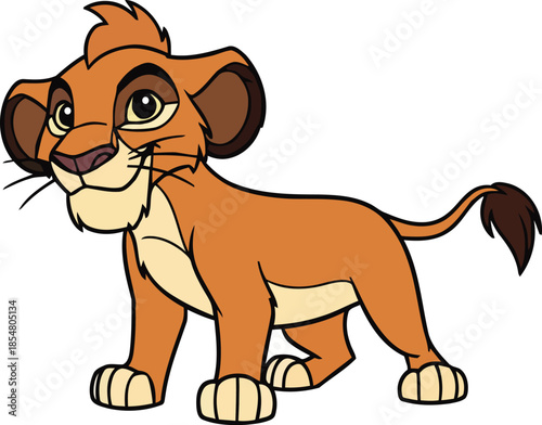 Young cartoon lion cub with light brown fur and large expressive eyes standing alertly animal wildlife