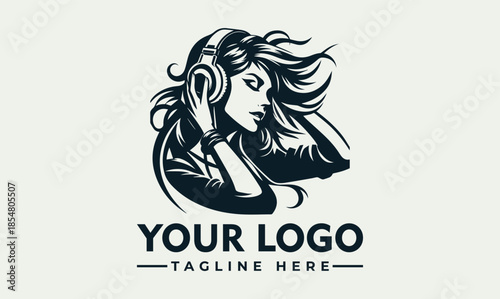 A stylized vector illustration of a woman wearing headphones with flowing hair, designed as a customizable logo template with placeholder text on a plain background.