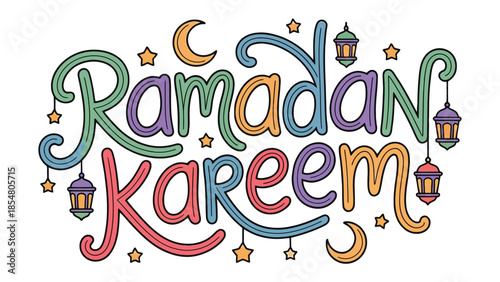 Ramadan Kareem: Festive calligraphy celebrates the holy month with decorative lanterns and celestial elements, a vibrant expression of faith and reflection.
