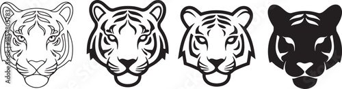 Tiger head logo icon set with thin line bold outline minimal and silhouette styles designed for wildlife branding sports teams mascots and modern logo identity