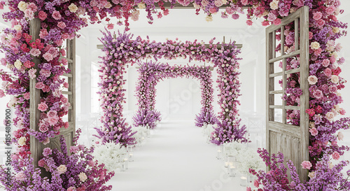 All�e de mariage �l�gamment d�cor�e d'arches florales roses et violettes pour une ambiance romantique festive. AI Generated