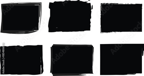 Set of Six Black Hand Drawn Ink Brush Stroke Rectangular Frames and Distressed Grunge Borders for Creative Graphic Design Projects