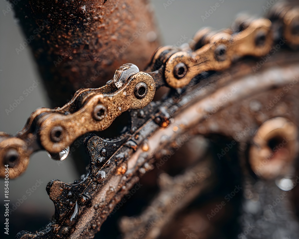 Fototapeta premium Bicycle drive chain showing rust, water drops, and grime on golden links and dark gears, illustrating corrosion and wear on mechanical components