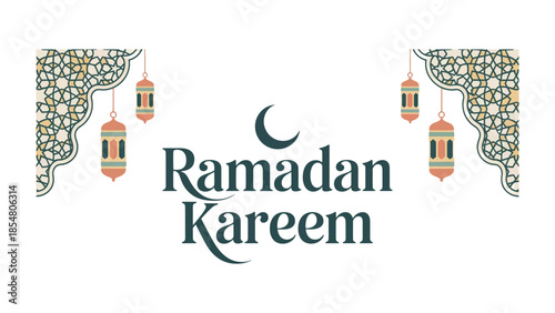 Ramadan Kareem Illustration: A festive illustration with the greeting Ramadan Kareem, adorned with crescent moon and decorative lanterns, suitable for celebrations and greetings.