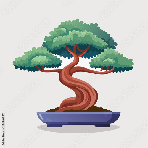 Cartoon bonsai tree with green leaves in a blue pot on a light background.